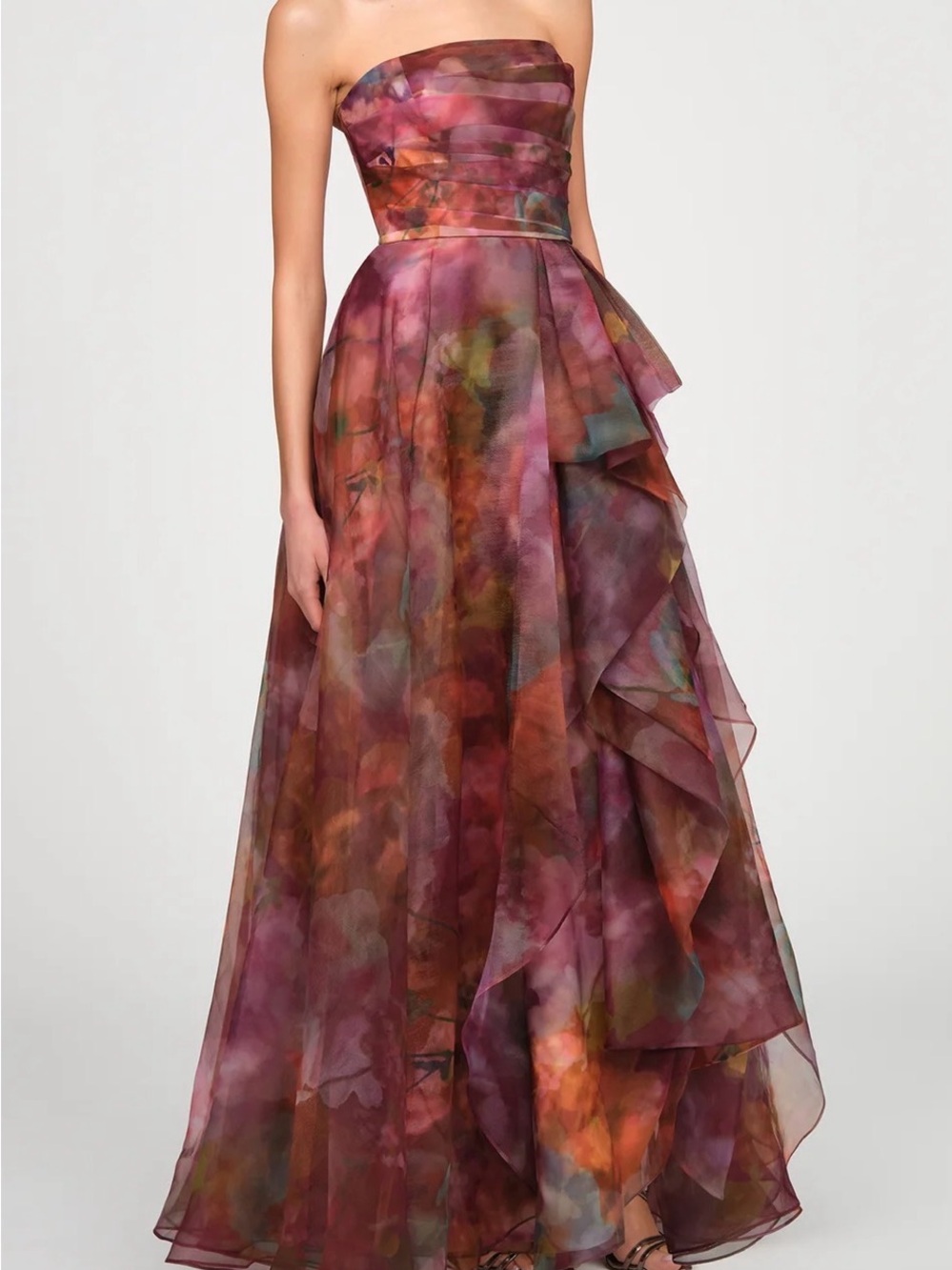 Theia Strapless Watercolor Evening Gown in Purple, Pink and Brown